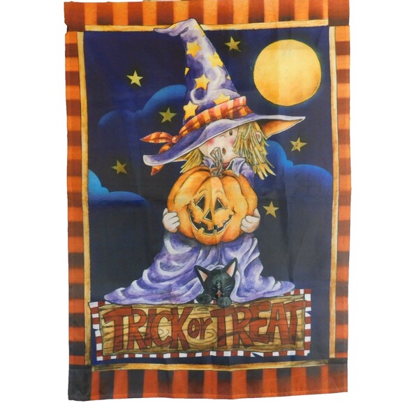 Halloween Decor Flag Fall Banner Trick Or Treat VINTAGE 90s 28x40 Cat Pumpkin - Picture 1 of 6